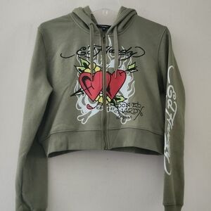 Ed Hardy Cropped Graphic Zip-Up Hoodie, Size XL